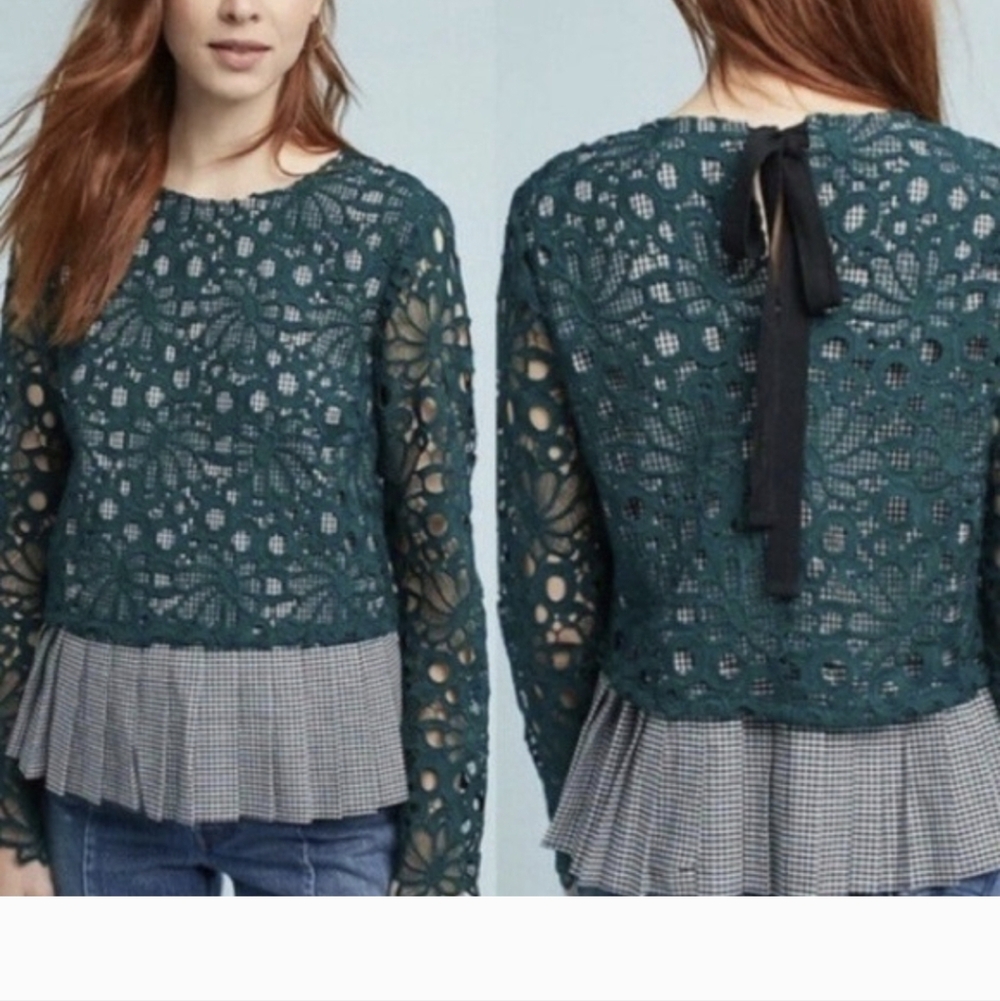 Maeve Teal Lace Blouse with Black Bow